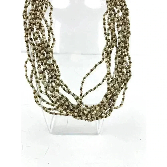 Multi Strand Layered White Gold Seed Bead Statement Necklace 18" - Picture 6 of 6
